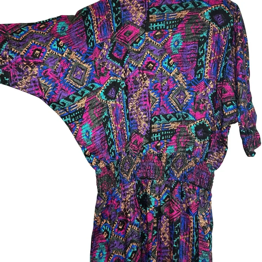 VTG En Focus Geometric Jumpsuit Purple L Rayon Southwestern Boho 90s USA Made